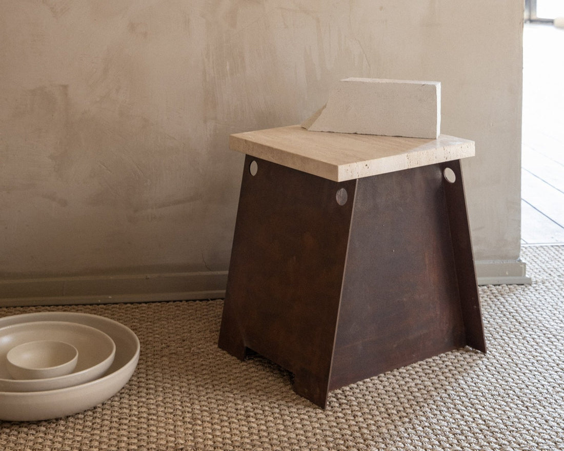 64 Plinth - Corten Steel / Travertine - Decor - Frama