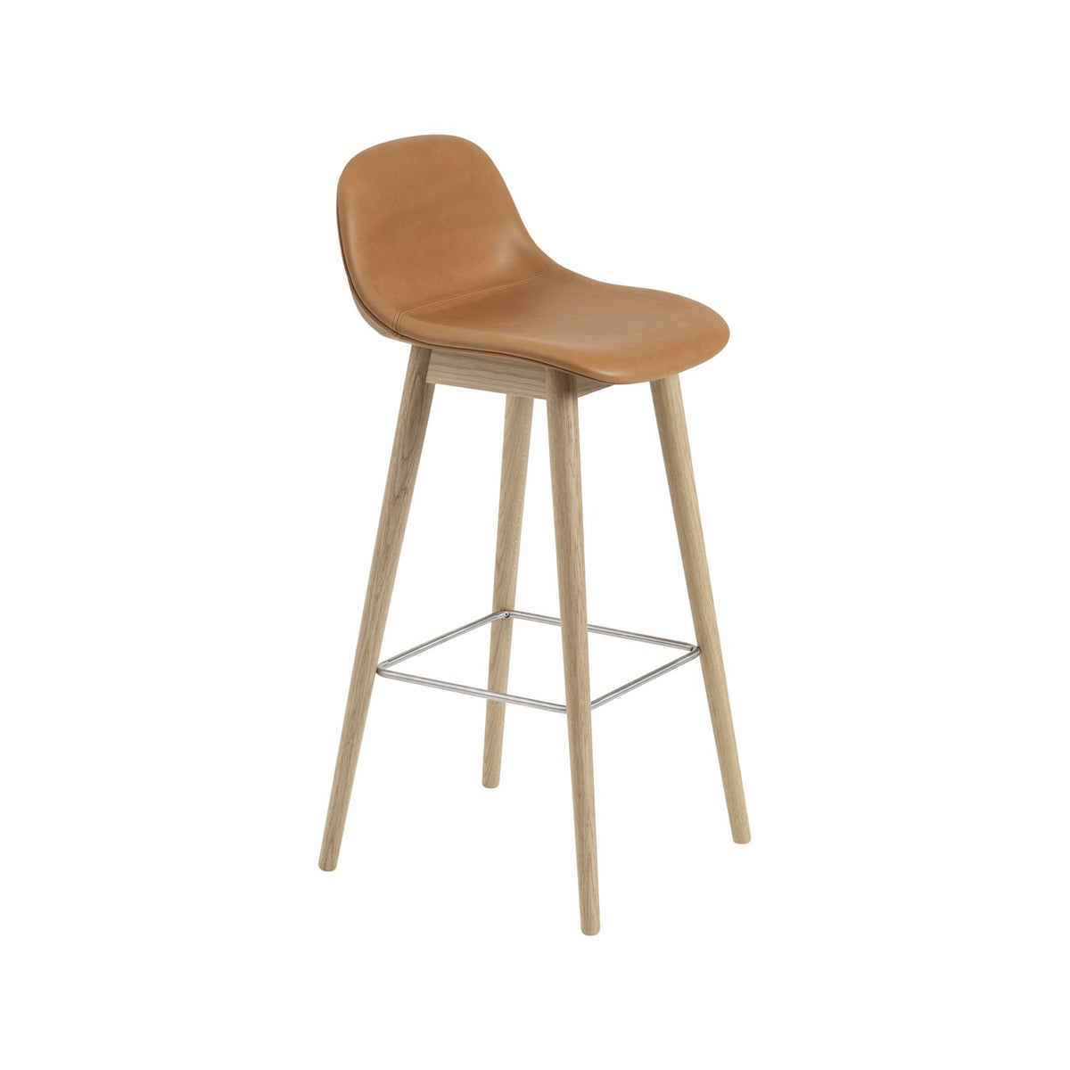 Fiber Bar Stool - Wood Base, With, Cognac Leather / Oak - Stools - Muuto