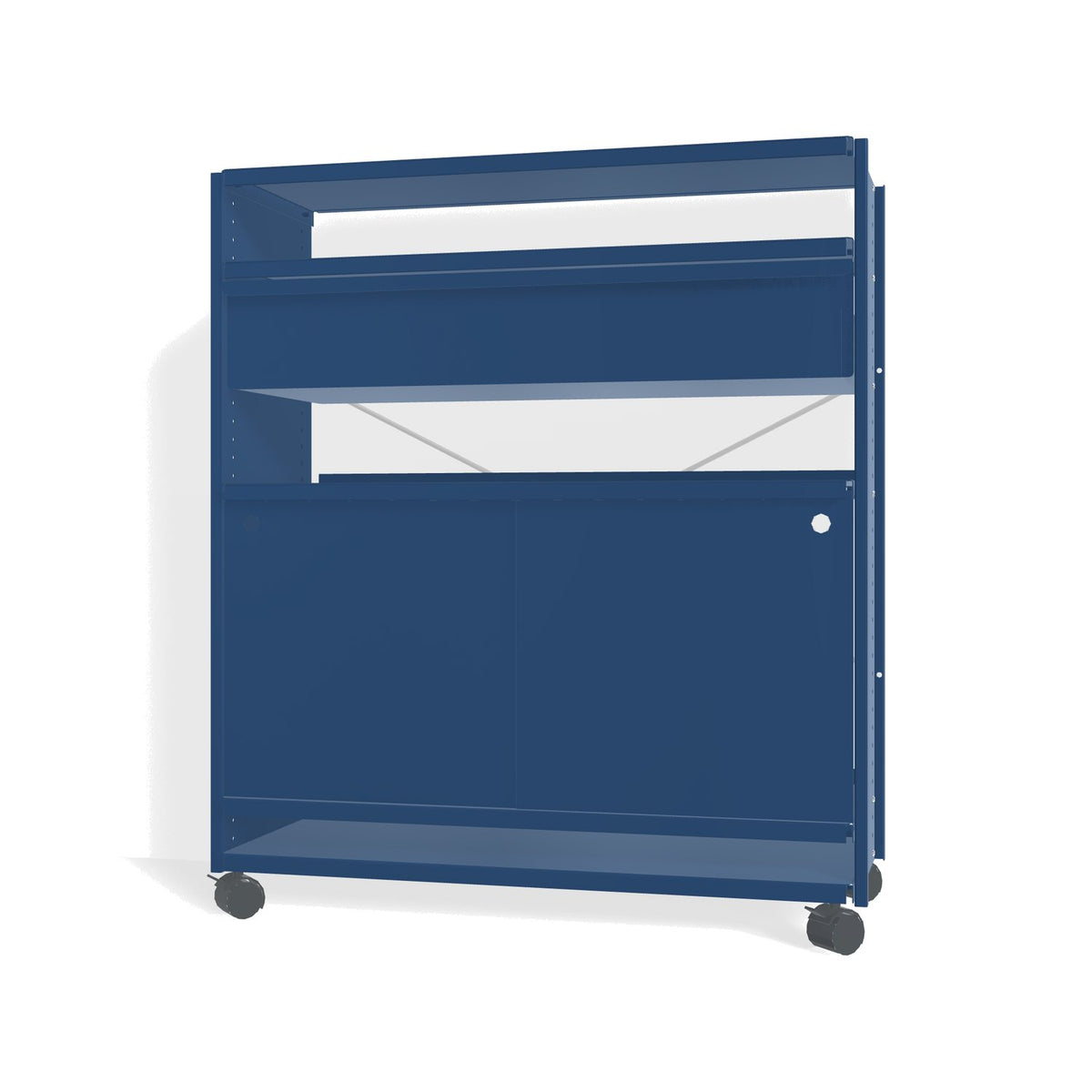 Lehni Aluminium Shelf System Highboard, with drawer and sliding door, on casters - Lehni Blue - Lehni