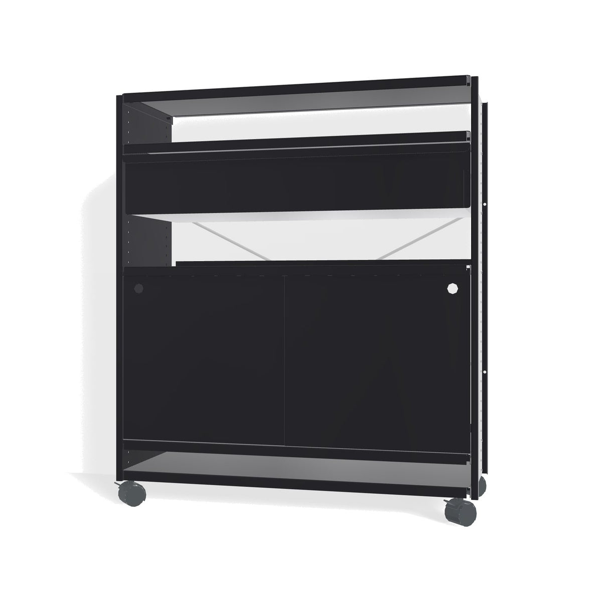 Lehni Aluminium Shelf System Highboard, with drawer and sliding door, on casters - Black - Lehni