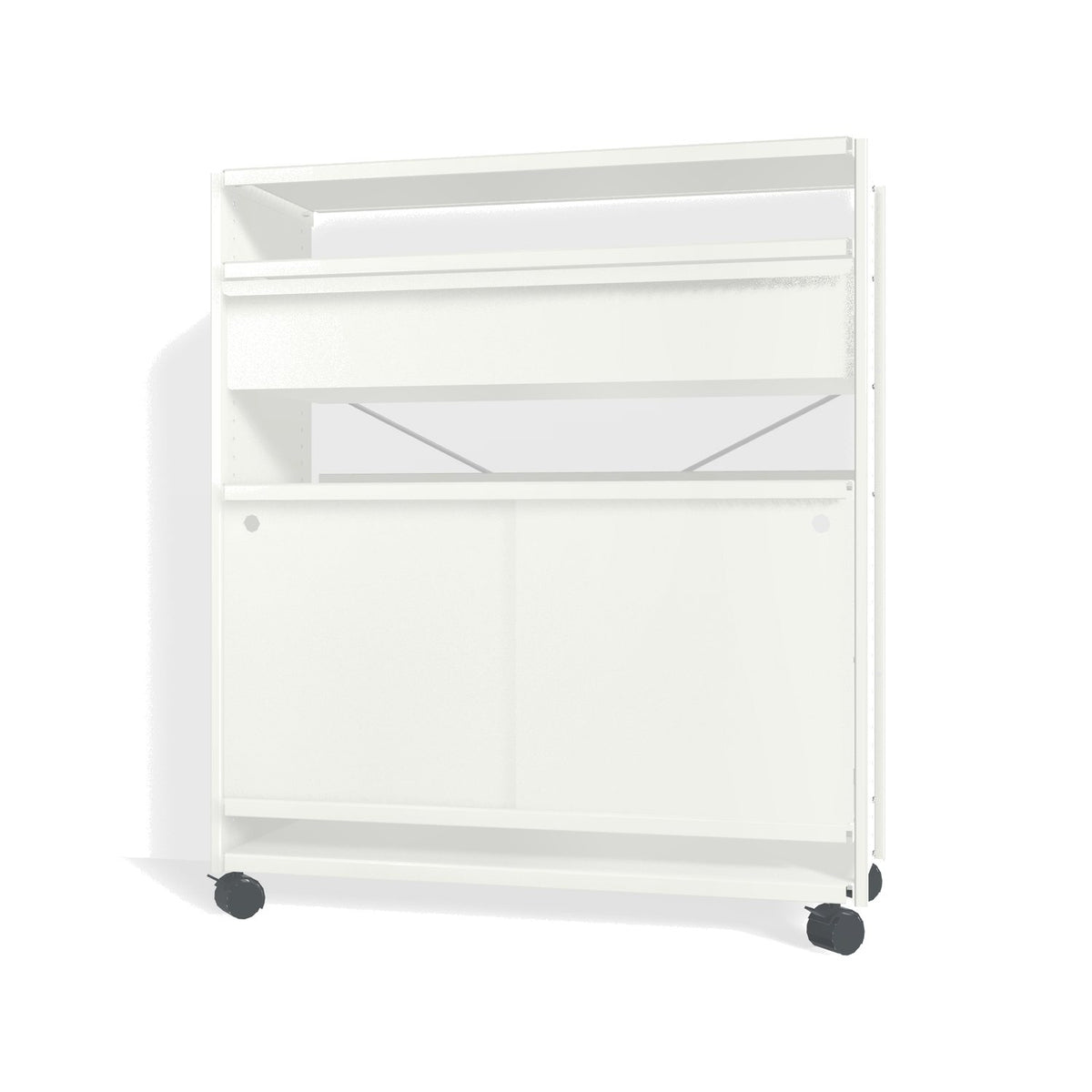 Lehni Aluminium Shelf System Highboard, with drawer and sliding door, on casters - Signal White - Lehni