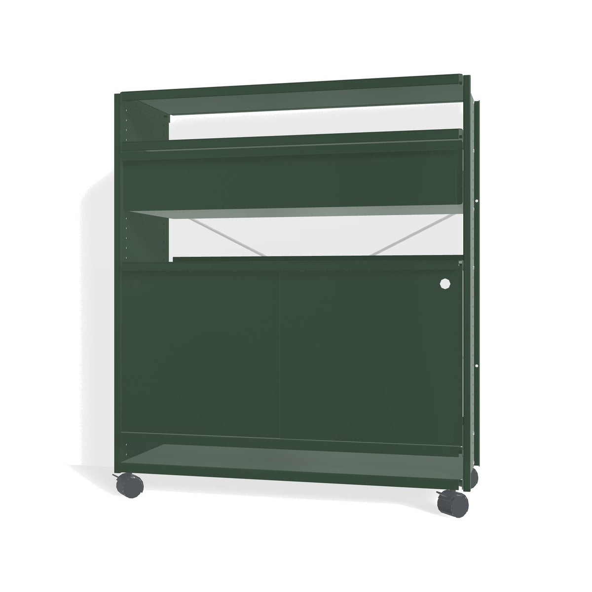 Lehni Aluminium Shelf System Highboard, with drawer and sliding door, on casters - Fir Green - Lehni