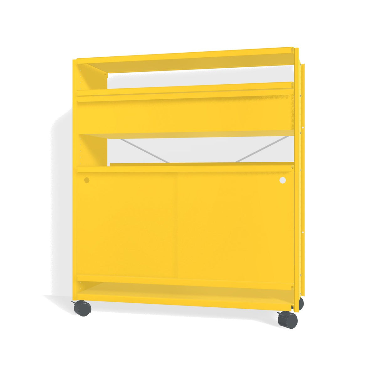 Lehni Aluminium Shelf System Highboard, with drawer and sliding door, on casters - Zinc Yellow - Lehni