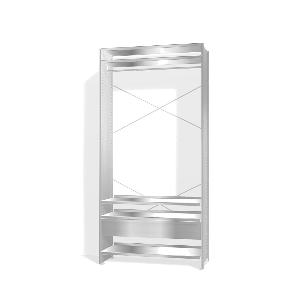 Lehni Aluminium Shelf System Wardrobe, with clothes rail and drawer - Blank Aluminum - Lehni