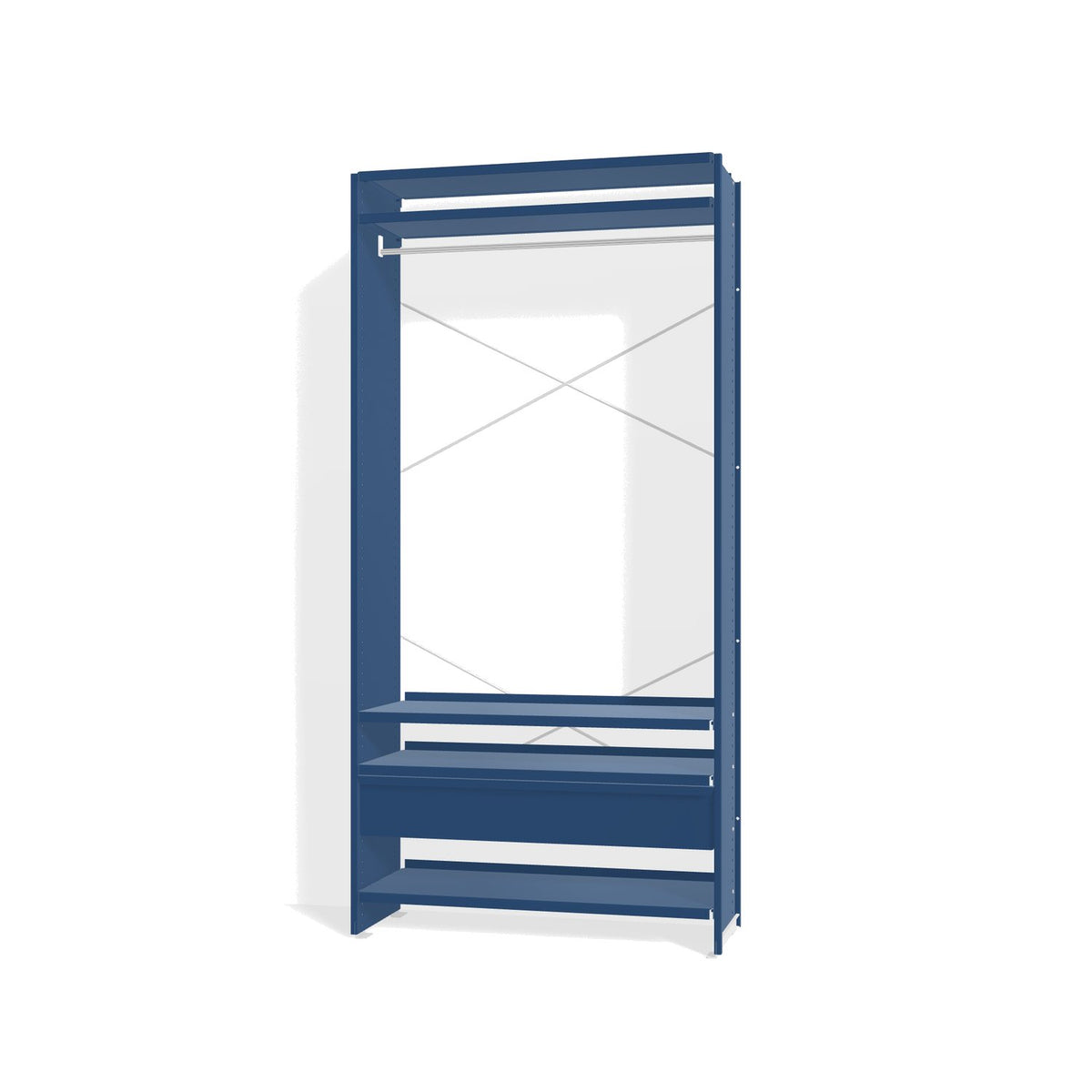 Lehni Aluminium Shelf System Wardrobe, with clothes rail and drawer - Lehni Blue - Lehni