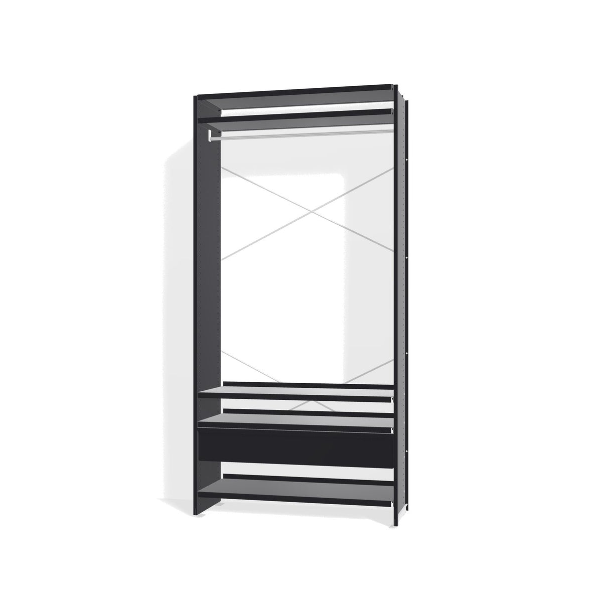 Lehni Aluminium Shelf System Wardrobe, with clothes rail and drawer - Black - Lehni