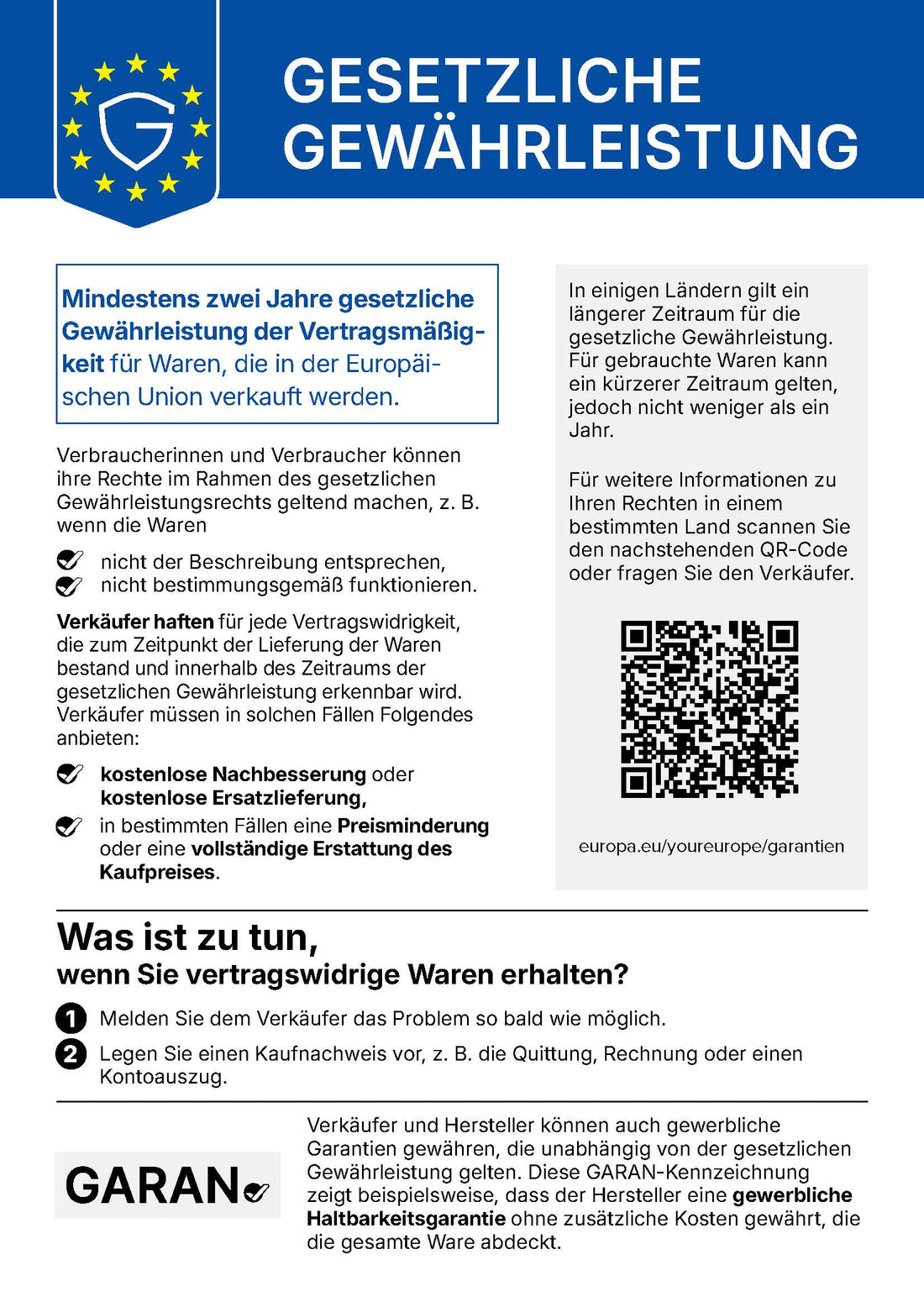 EU-Hinweis: gesetzliche Gewährleistung für Waren, die in der Europäischen Union verkauft werden