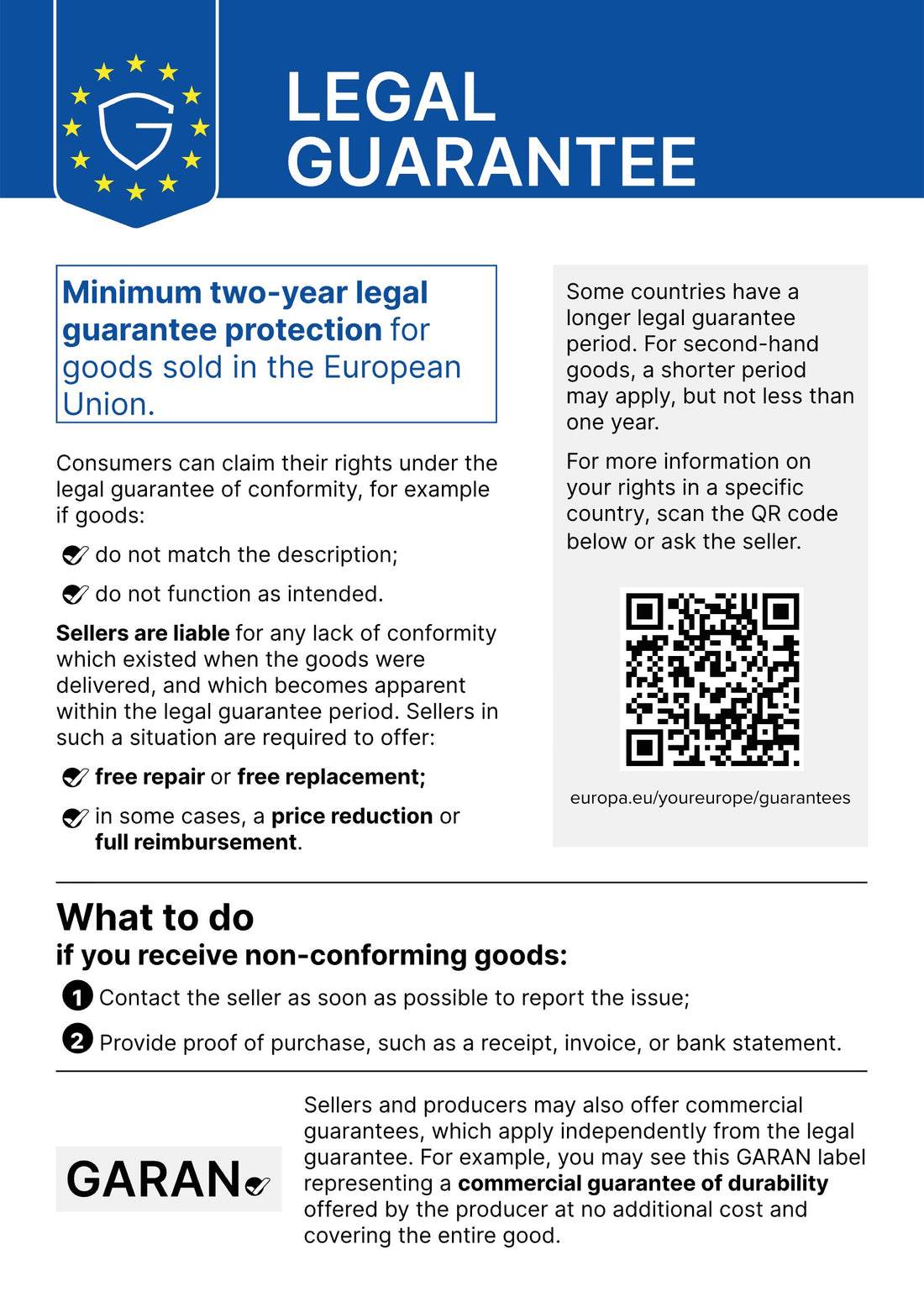 EU notice: legal guarantee of conformity for goods sold in the European Union